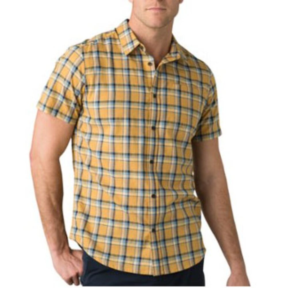 PrAna Bryner Slim Fit Short-sleeve Button-up Casual Shirt Yellow Blue Plaid L